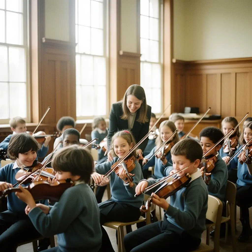 Children learning violin together in a school music room
